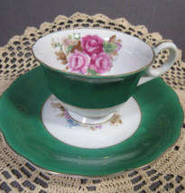 Vintage Green &amp; White Sm Cup &amp; Saucer Hand Painted Pink Roses Japan 4.5&quot;... - £9.47 GBP