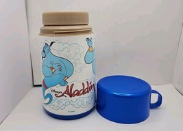 Vintage 1992 Disney Aladdin Genie 8 Oz Thermos with Both Lids 6.75&quot; Blue Retro - £4.54 GBP