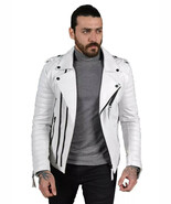 Chaqueta de piel de cordero genuina elegante para hombre de cuero blanco... - $235.91 CAD+