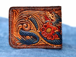 Genuine Leather Mens Wallet, Dragon Carved Wallet, Bifold Wallet, Birthday Gift - £35.06 GBP