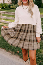 Beige Plaid Patchwork High Waist Sweatshirt Mini Dress - $32.29