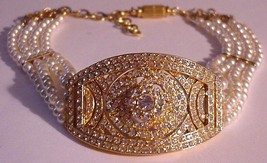 Crystal Studded Rhinestones &amp; Multi Strand Pearls Necklace Choker Magnet... - £99.91 GBP