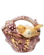 Vintage  Ucagco Ceramics Yellow Bird Tree Trunk  Basket Nest  Figurine 5&quot; - £9.05 GBP
