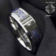 8mm CZ Silver Celtic Dragon Tungsten Carbide Ring Wedding Band Men Jewelry - $25.99