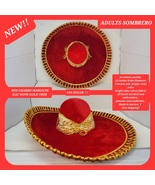 adults plain dark red with gold colors mexican charro sombrero MARIACHI HAT  - £78.63 GBP