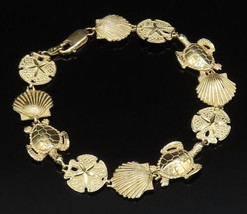 14K GOLD - Vintage Starfish Seashell &amp; Sea Turtle Link Bracelet - GBR062 - £1,150.54 GBP