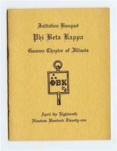 Phi Beta Kappa Initiation Banquet Program &amp; Menu 1921 University of Illinois  - £17.40 GBP