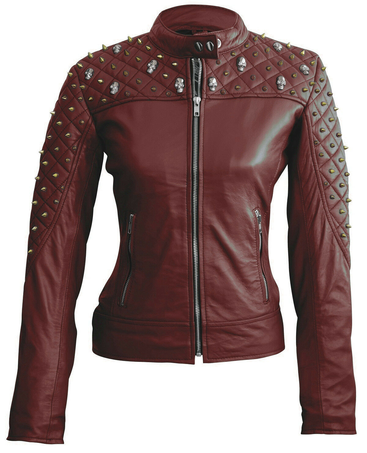Women's Maroon Genuine Cowhide Leather Silver Spike Studs Biker Slim Fit Jacket