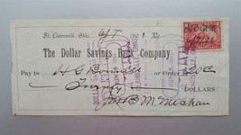 1901 Antique Dollar Savings Bank Check St Clairsville Oh Mc Mechan 2c Rev Stamp - £27.74 GBP