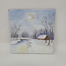 Vintage Hand Painted Tile Winter Scene Log Cabin Snow Signed Art D. King 6x6 - £23.60 GBP