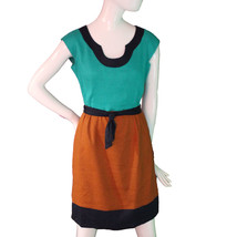 Lands End Women 4 Petite Short Sleeve Linen Colorblock Dress, Emerald Bay - $38.99