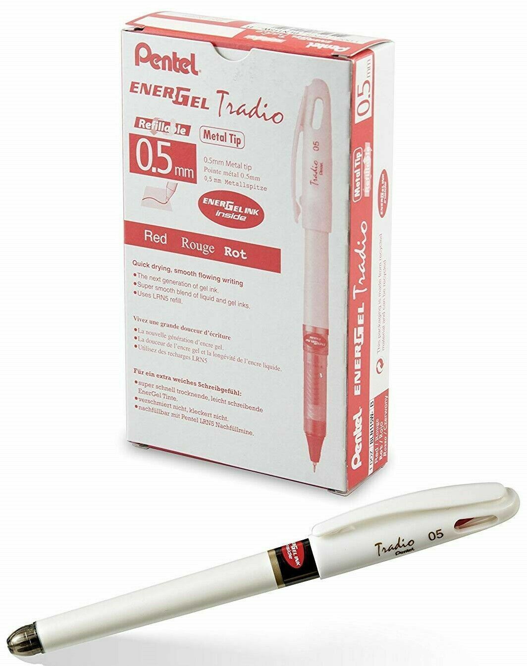 Primary image for NEW Pentel EnerGel Tradio Pearl .5mm RED Needle Tip Gel Pen 12-Pack BLN115W-B