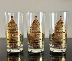 Vintage Culver Mid-Century Jeweled Gold Christmas Tree Highball Glasses Set of 3 - £105.69 GBP