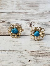 Vintage Screw On Earrings - Gold Tone &amp; Turquoise Flower - £11.21 GBP