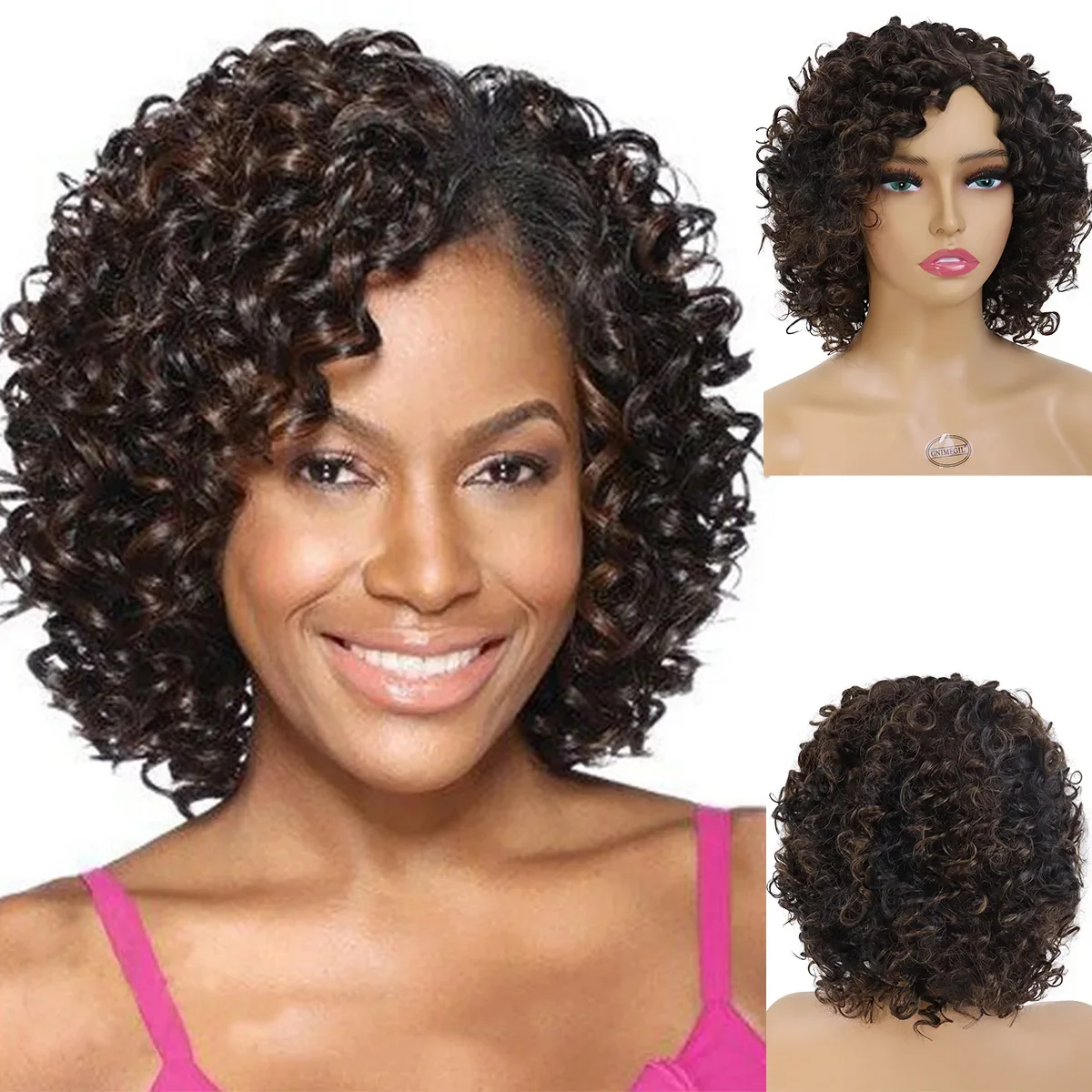 GNIMEGIL Synthetic Curly Wigs for Women Short Afro Wig Natural Female Mix Bro - £26.40 GBP