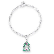 Precious Stars Silvertone Christmas Tree 0.35ct CZ Holiday Charm Bracelet - £20.08 GBP