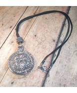 Necklace Cord and Pendant Leather Silver Tone Metal 22&quot; Appx. Upcycled H... - £15.73 GBP