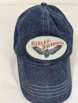 Harley Davidson Denim Baseball Cap Strap Back Blue Embroidered Logo Eagle - £14.74 GBP