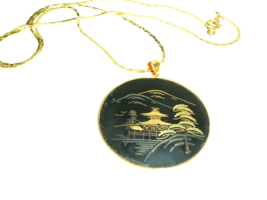 Vtg Necklace Amito Oriental Pagoda Damascene 2 sided pendant floral mountain - £27.41 GBP