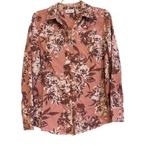 Denim &amp; Co Womens Shirt Brown Size M Dark Floral Long Sleeve Stretch Button Up - $19.68