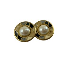 Vintage Xeja Clip On Button Earrings Gold Tone Faux Pearl Mosaic Enamel 1&quot; - £14.74 GBP
