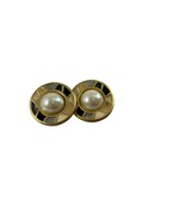 Vintage Xeja Clip On Button Earrings Gold Tone Faux Pearl Mosaic Enamel 1&quot; - £14.79 GBP