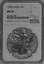 1998 American Silver Eagle Dollar NGC MS70  - $650.00