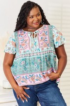 Double Take Floral Tie Neck Short Sleeve Blouse - £19.98 GBP