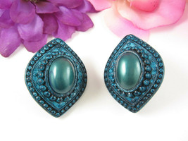 Forest And Blue Green Hunter Earrings Pierced Vintage Oval Dome Plastic 1 5/8&quot; - £11.86 GBP