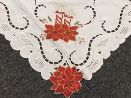 Christmas Candle Poinsettia Embroidery Tablecloth Fabric Topper 51X51&quot;&quot; Square - £51.55 GBP