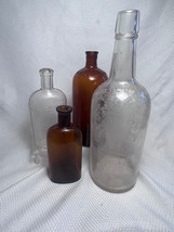 Vtg Antique Lot Of 4 Clear &amp; Brown Liquor Pharmaceutical Apothecary Bott... - $49.95