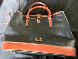 Dooney &amp; Bourke Perry Satchel Turnlock Closure Black Leather Brown trim EUC - $123.75