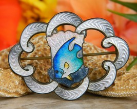 Antique Guilloche Enamel Sterling Silver Fish Brooch Pin Hemsley 1909 - £71.90 GBP