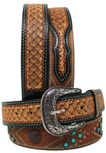 Western Antique Turquoise Stone Full-Grain Leather Belt 26FK78 - $59.99