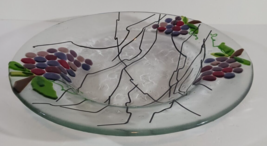 LARGE Clear HAND BLOWN ART GLASS DISH BOWL With 3D Applied GRAPES 12 1/2... - $49.29