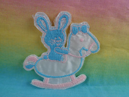 Embroidered Iron On Applique Patch Blue Bunny on Satin Fabric Rocking Horse - £1.82 GBP