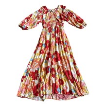 Piper &amp; Scoot Red Floral Print Maxi Dress Flowy Puff Sleeve Stretch Size... - $60.00