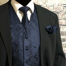 Navy Blue XS to 6XL Paisley Tuxedo Suit Dress Vest Waistcoat &amp; Neck tie ... - £21.52 GBP