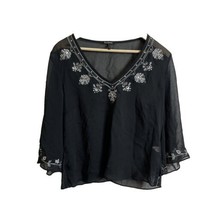 Daisy Fuentes Women’s Black Sheer Blouse Sz S V Neck Embroidery 3/4 Bell... - £10.83 GBP