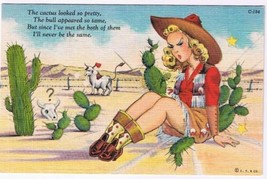 Comic Postcard Cowgirl Sitting On Cactus - $2.96