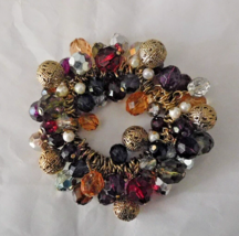 CHA CHA Bracelet Red Purple Gold Tone Beads Stretch Filigree Faux Pearl Gypsy EX - £23.93 GBP