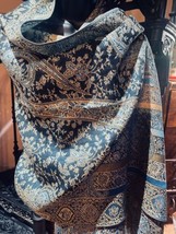 Vintage Style Pashmina Bleu Sarcelle or Métallique Cachemire Châle - $39.53