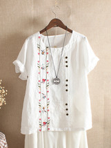 5XL Fashion Flower Embroidery Cotton Linen Shirt Casual Summer Women O-neck Shor - £27.96 GBP