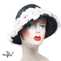 Vintage Black with White Flowers Bucket Cloche Floral Face Framing Hat -... - £30.30 GBP