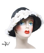 Vintage Black with White Flowers Bucket Cloche Floral Face Framing Hat -... - £30.37 GBP