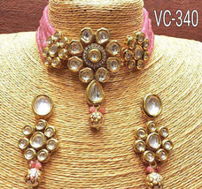 VeroniQ Trends-Indian Kundan Choker Necklace Set,Ad Stones,Pearls,Gems,Wedding - £55.04 GBP