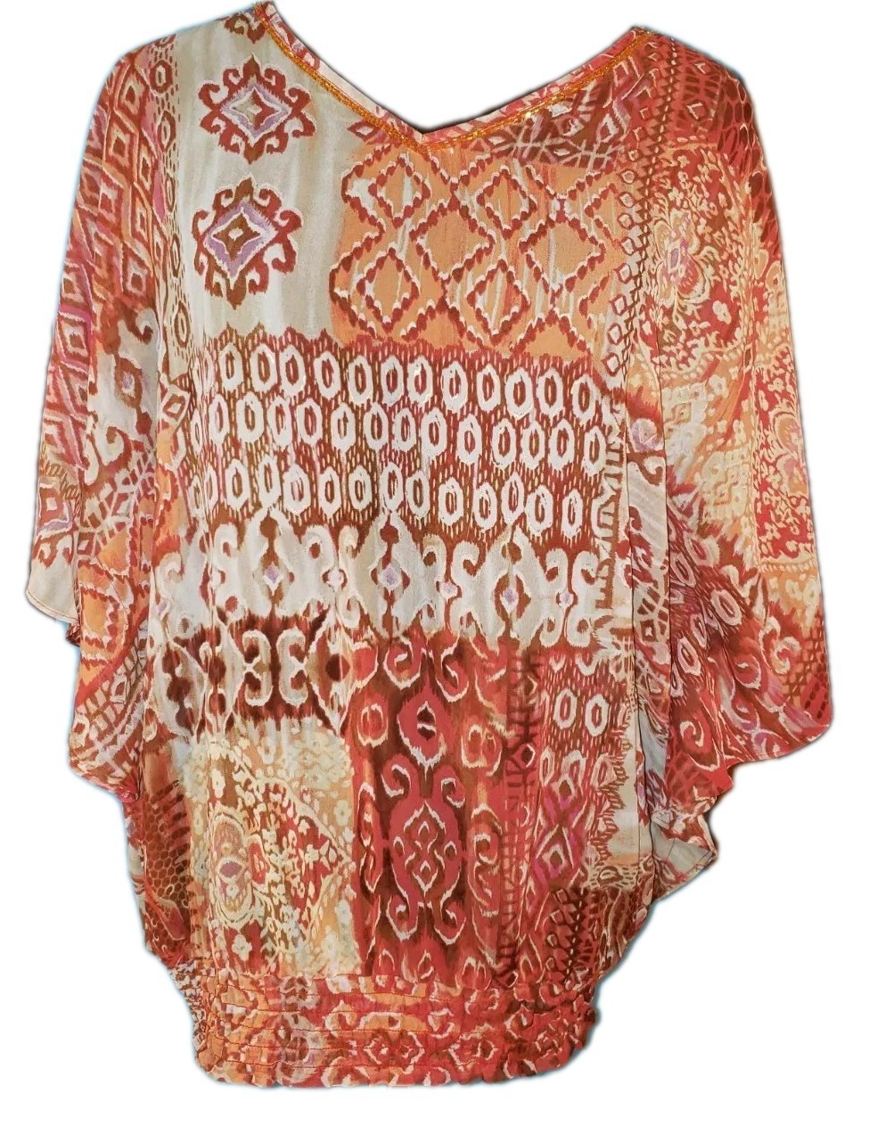 CHICO&#39;S Semi Sheer Aztec Geometric Wearable Kimono Sleeve Smocked Waist ... - $15.79