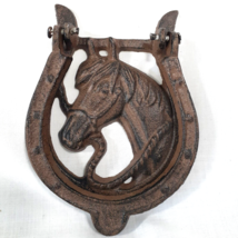 Rustic Cast Iron Horse Head Horseshoe Door Knocker Equestrian Western Decor Barn - £9.77 GBP
