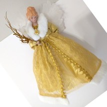 Vintage 90s Angel Tree Topper Victorian Style Feather Wing Gold Dress Nativity - £27.24 GBP