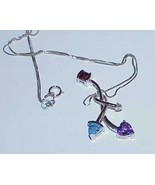 14K Amethyst Heart &amp; Blue Topaz Pendant Necklace White Gold - £235.35 GBP